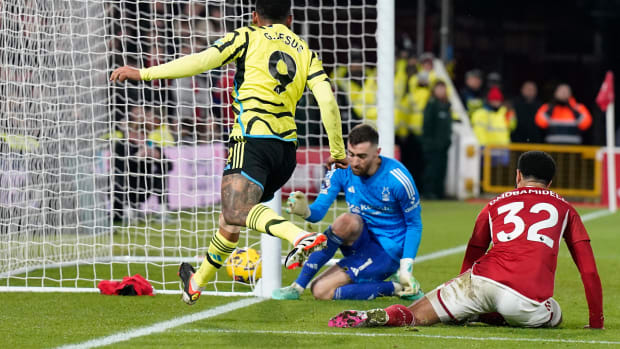 Gabriel Jesus pictured moments after shooting between the legs of goalkeeper Matt Turner to score a goal for Arsenal in a 2-1 win at Nottingham Forest in January 2024